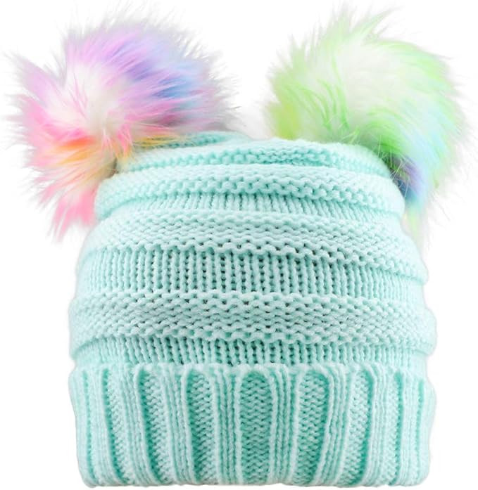 ACTLATI Kids Winter Knitted Beanie Hat Colorful Pompom Ears Ski Hat for Boy Girl(Ages 7-12) | Amazon (US)