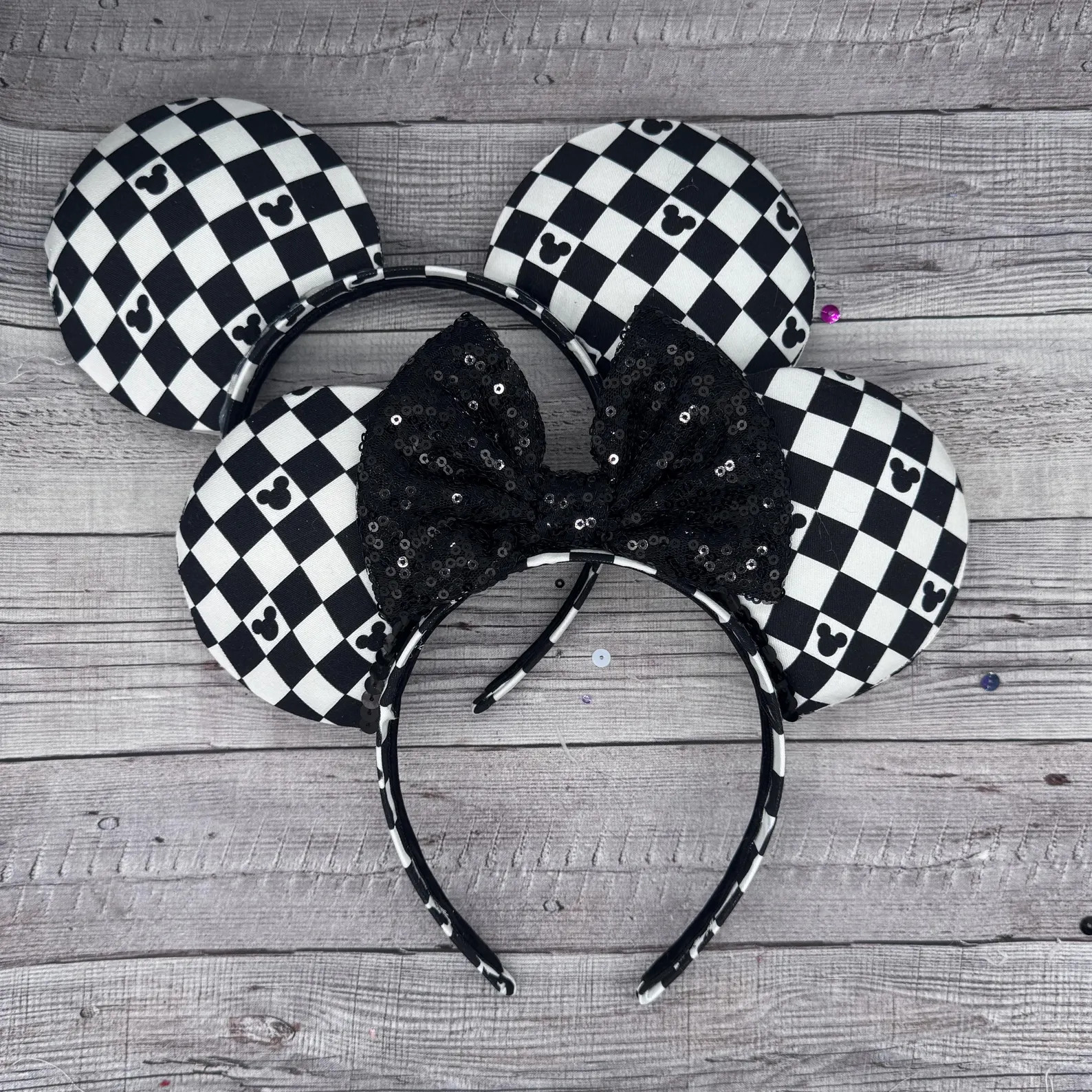 BACKORDER LATE JULY - Checker Mickey Mouse Ears - Minnie, Mouse, black and white, lightning McQue... | Etsy (Global)