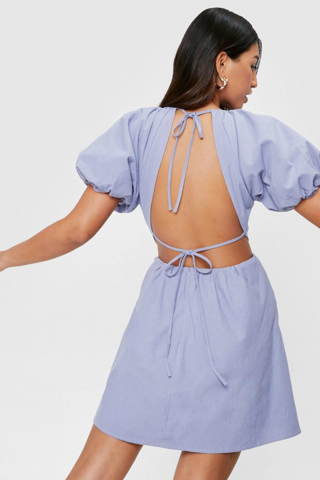 Linen Look Open Back Mini Dress | Nasty Gal (US)