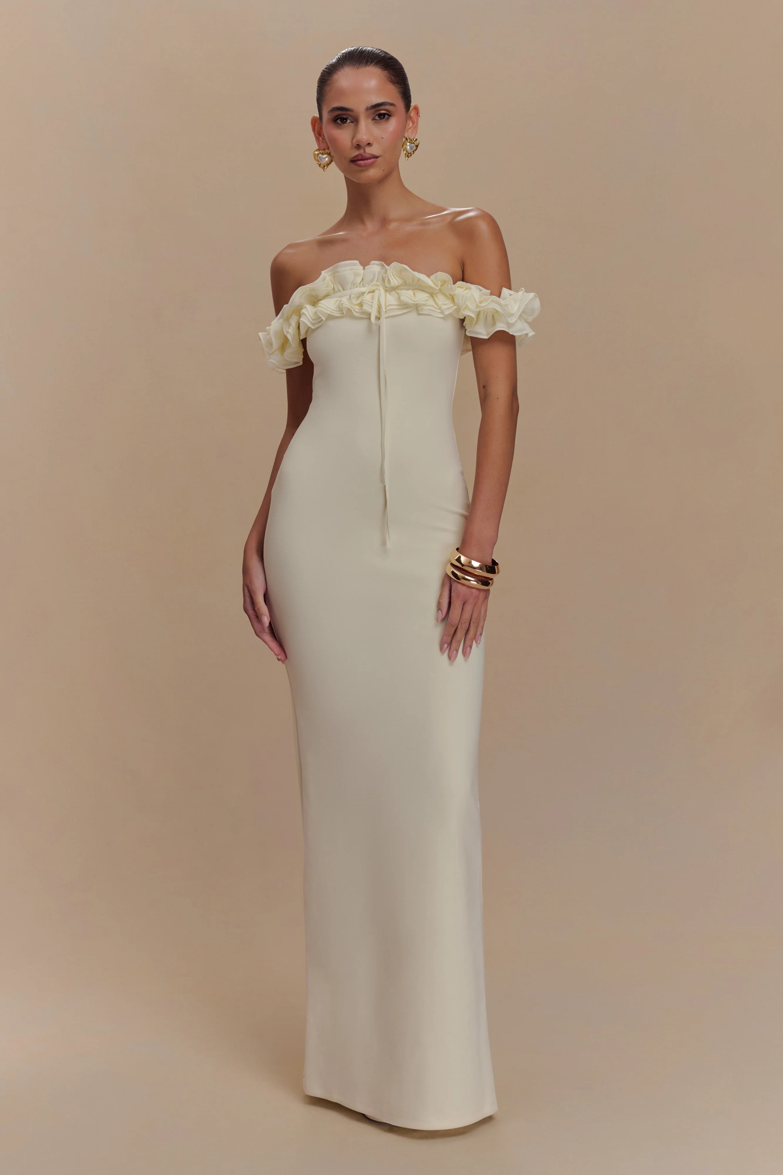Nova Ruffle Off Shoulder Maxi Dress - Ivory | MESHKI US