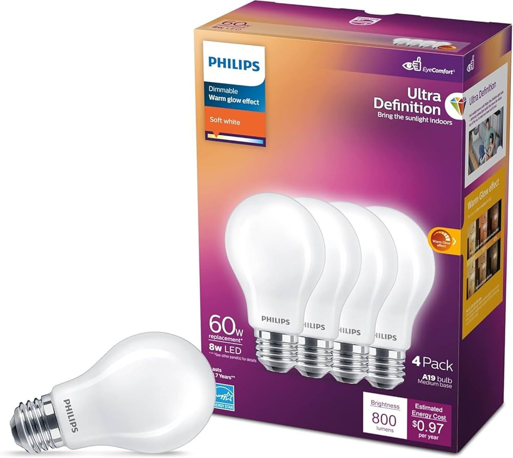 PHILIPS LED 60W A19 4-Pack Ultra Definition Soft White LED Light Bulbs (2700K) 800 Lumen (8W = 60... | Amazon (US)
