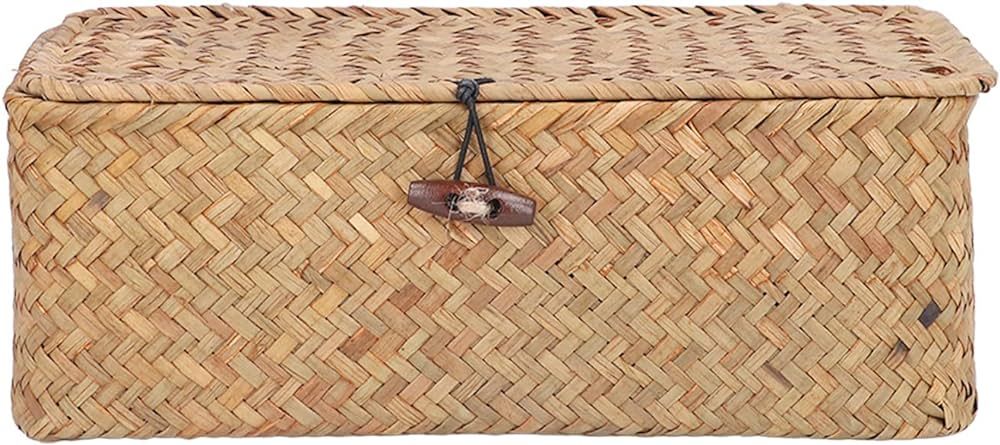 Natural Seagrass Storage Basket - Woven Rectangular Shelf Basket Bins with Lids - Desktop Organiz... | Amazon (US)