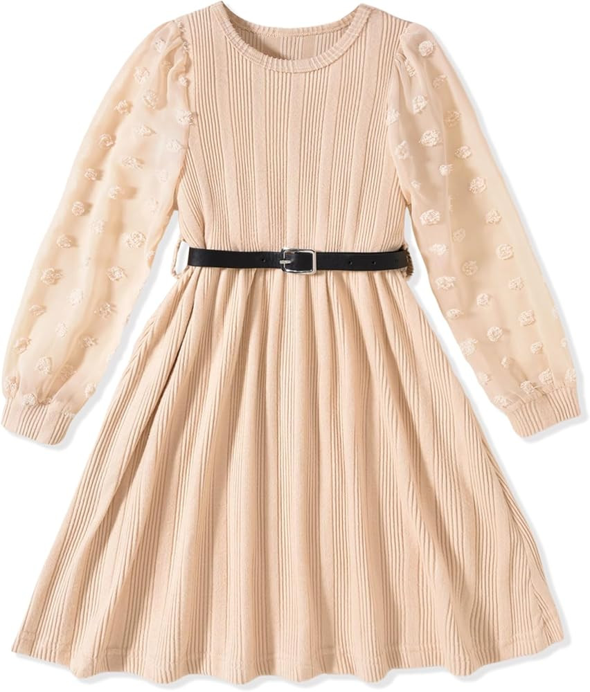 Little Girls Fall Winter Puff Long Sleeve Swiss Dot Dresses A-Line Knit Dress with Belt for Kids ... | Amazon (US)