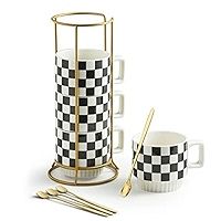 Stackable Coffee Mug Set of 4 with Rack 11 oz Tea Cup Set with Little Spoon for Coffee Tea Cocoa ... | Amazon (US)