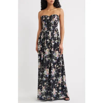 Lulus Remi Floral Corset Maxi Gown in Black Multi at Nordstrom, Size Large | Nordstrom