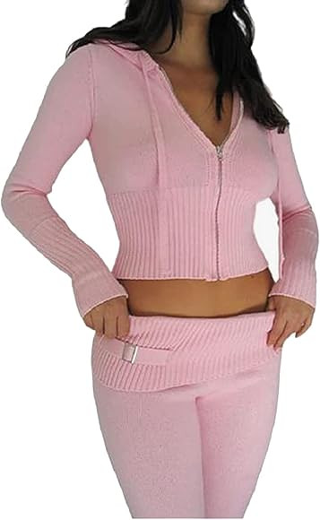 Alaurbeauty Women's Y2K Two-Piece Trousers and Pullover, Knitted Zip-Up Crop Hoodies, Vintage Swe... | Amazon (DE)