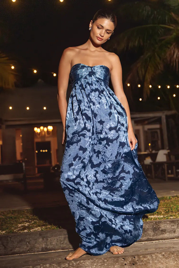 Danalia Navy Floral Burnout Strapless Maxi Dress | Lulus