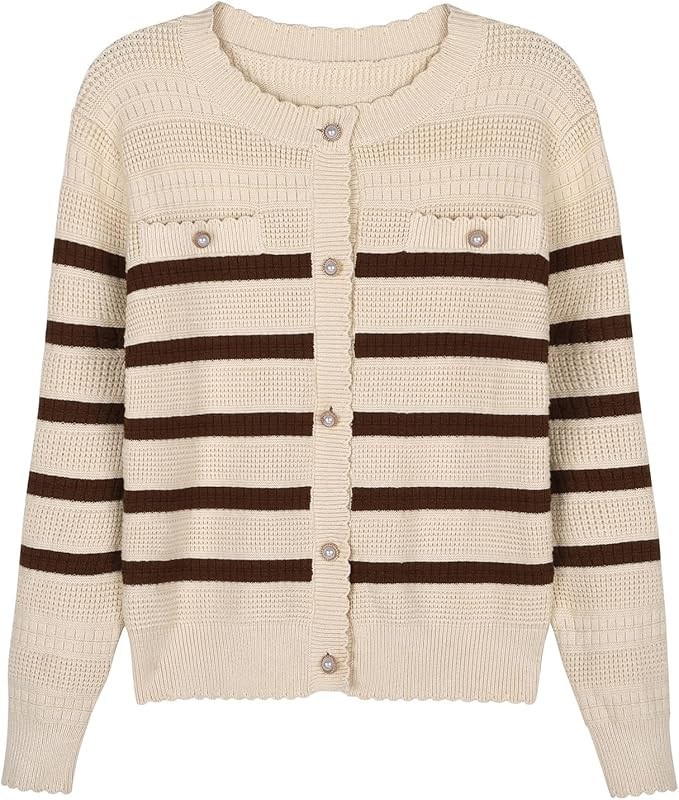 V FOR CITY Women's 2024 Winter Knit Striped Cardigan Sweaters Button Crew Neck Long Sleeve Elegan... | Amazon (US)