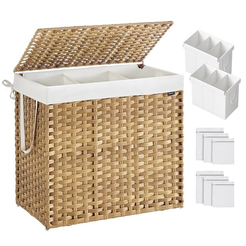 SONGMICS Laundry Hamper, 42.3 Gal. (160 L) Laundry Basket with Lid, Removable Bag with Handles, Handwoven Synthetic Rattan, for Bedroom, Laundry Room, 15.7 x 26 x 24 Inches Natural Color ULCB316Y01 | Amazon (US)
