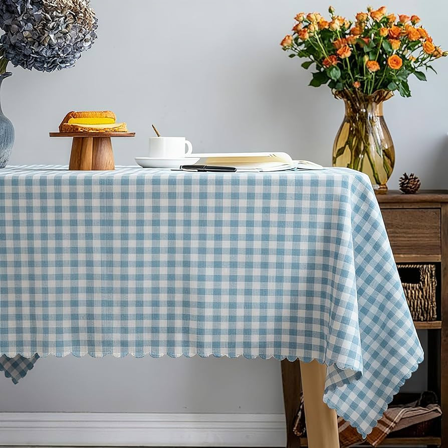 Botoutin Blue Gingham Tablecloth,Cotton Heavy Weight Ruffled Edge Table Cloth Washable Wrinkle Fr... | Amazon (US)