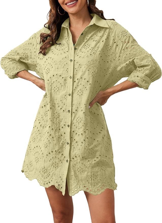 ICOBID Women's Hollow Out Embroidered Shirt Mini Dress Long Sleeve Lapel Buttons Shirts Ruffle Tu... | Amazon (US)