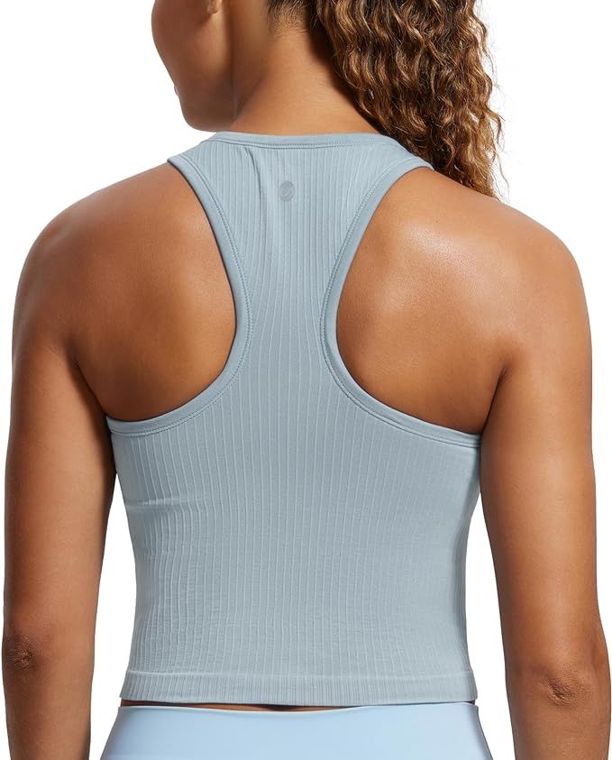 CRZ YOGA Womens Seamless Ribbed Longline High Neck Sports Bra - Racerback Padded Slim Fit Crop Ta... | Amazon (US)