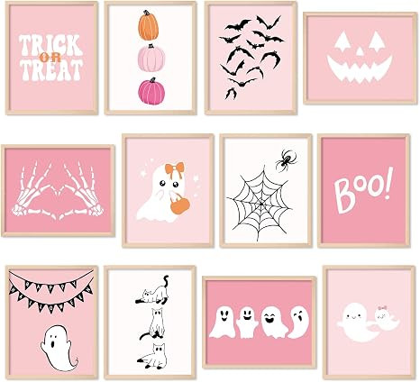 Whaline 12Pcs Halloween Wall Art Prints Cute Pink Ghost Pumpkin Boo Art Poster Trick or Treat Aes... | Amazon (US)
