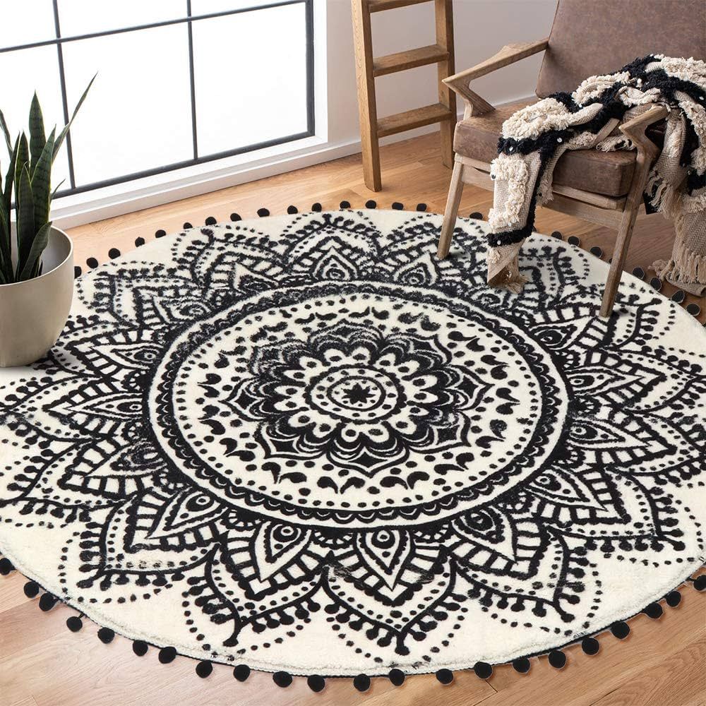 Amazon.com: Uphome Boho Round Rug for Bedroom 4' Circular Beige and Black Area Rug with Pom Poms ... | Amazon (US)