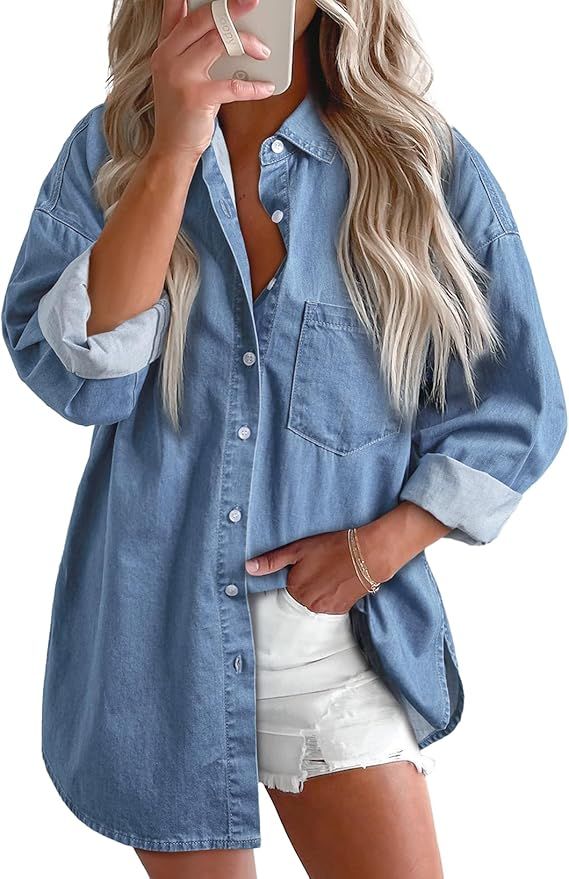 Astylish Women Denim Shirts Button Down Blouse Long Sleeve V Neck Casual Tops | Amazon (US)