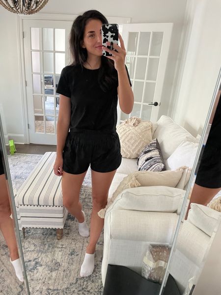 Todays work from home/athleisure outfit.
Black tshirt - staple wardrobe piece and sustainable brand. I’m wearing a medium. I did the 3 for $60 and also purchased the white tee and a striped box cut tee.
Workout shorts are a free people dupe. I’ve tried these and the free people and prefer the fit of these for my height and body type. I’m wearing a size large, they run small in my opinion.

#LTKFitness #LTKunder50 #LTKunder100