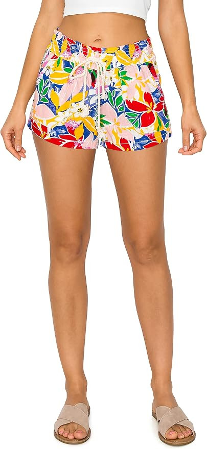 Cali1850 Women's Casual Linen Shorts - Drawstring Smocked Waist Oceanside Lounge Beach Printed Pa... | Amazon (US)