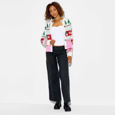 Women's Holiday Icons Festive Graphic Cardigan - Cream | Target