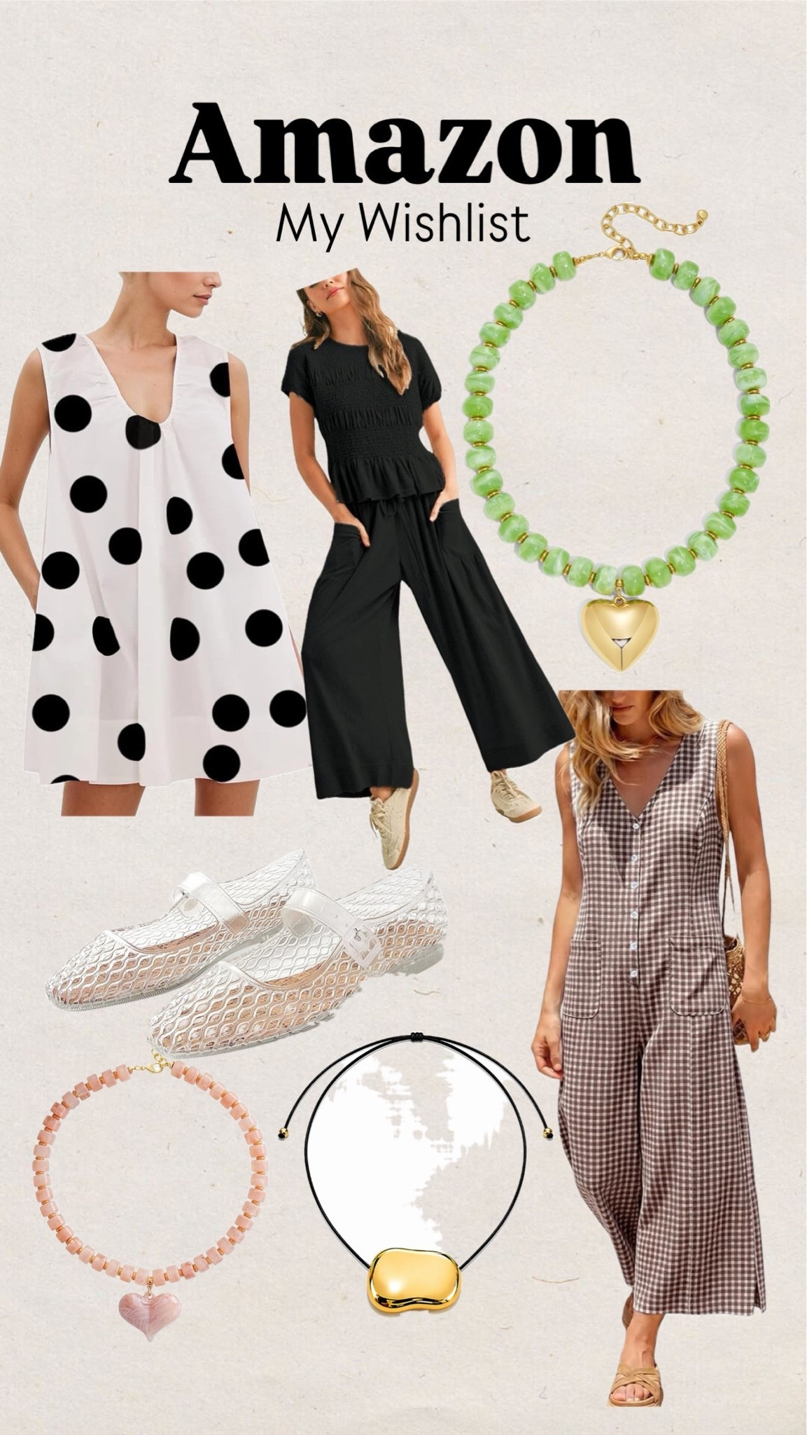 In my cart
Amazon
Wishlist
Gingham Jumpsuit
Romper
Summer Outfit
Spring
Jelly flats
Polka dot dress
Heart necklace
Matching set
Bean necklace