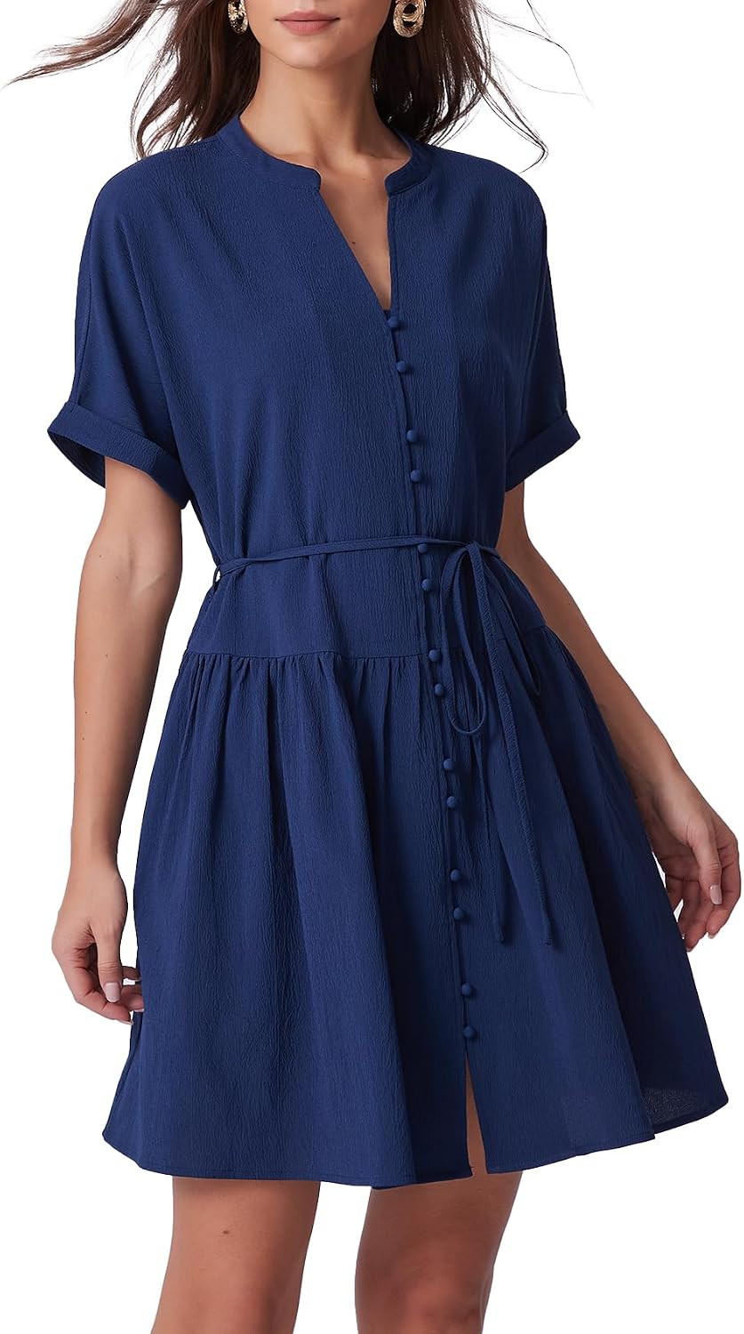 Ladyful Women's Summer Floral Mini Dress Short Sleeve V Neck Button Down Shirtdress Casual Loose Boho Beach Dresses | Amazon (US)