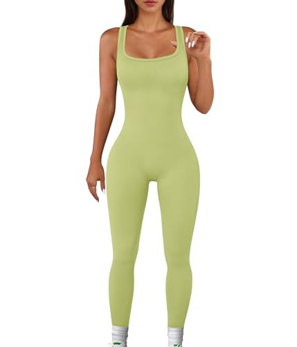 TrainingGirl Women One Piece Jumpsuit Square Neck Workout Bodysuit Ribbed Sleeveless Sports Romper Tummy Control Yoga Bodycon (Avocado Green, Medium) | Amazon (US)