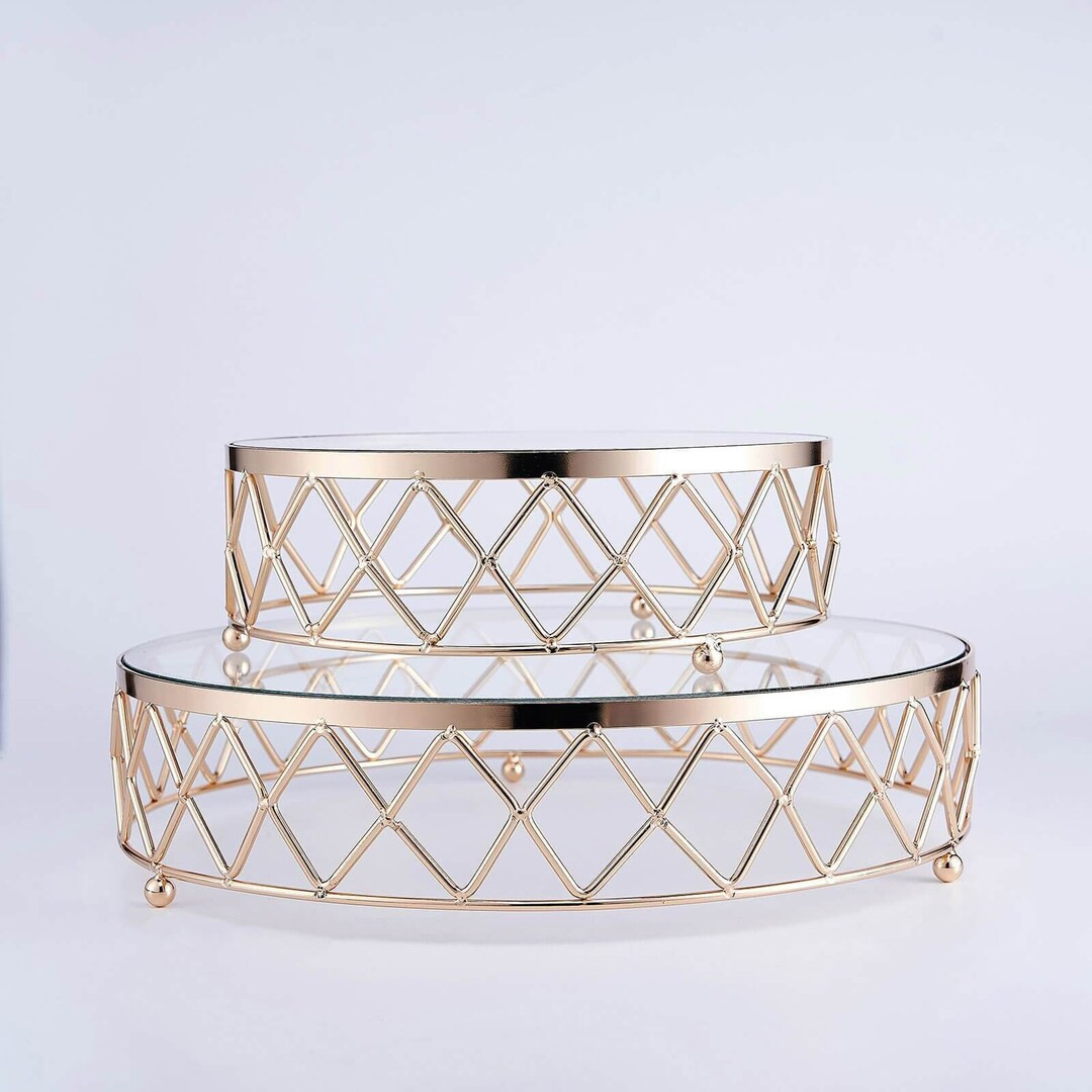 14 Round Gold Metal Geometric Cake Stand Display Riser With Glass Top, Cupcake Stand Holder, Wedd... | Etsy (US)