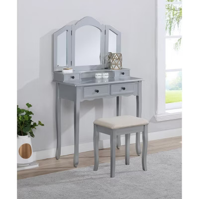Kumasinova Wooden Makeup Vanity Desk with Mirror,4-Drawer Dressing Table with Stool,Vanity Table with Tri-Fold Mirror,Makeup Desk for Bedroom,Silver | Target