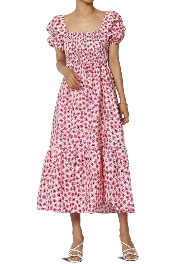 TheMogan Women's Bohemian Floral Midi Dress Summer Puff Sleeve Smocked Square Neck Tiered A-Line ... | Amazon (US)