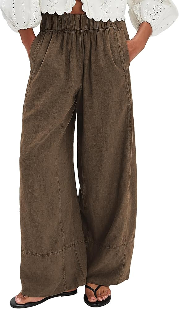 Women's Linen Wide Leg Pants Elastic Waist Summer Boho Palazzo Pants Beach Vacation Casual Trouse... | Amazon (US)