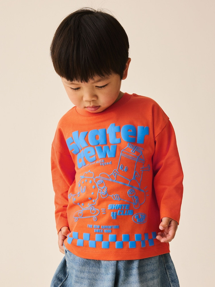 Orange Skater Crew Long Sleeve Back Graphic T-Shirt (3mths-7yrs) | Next US