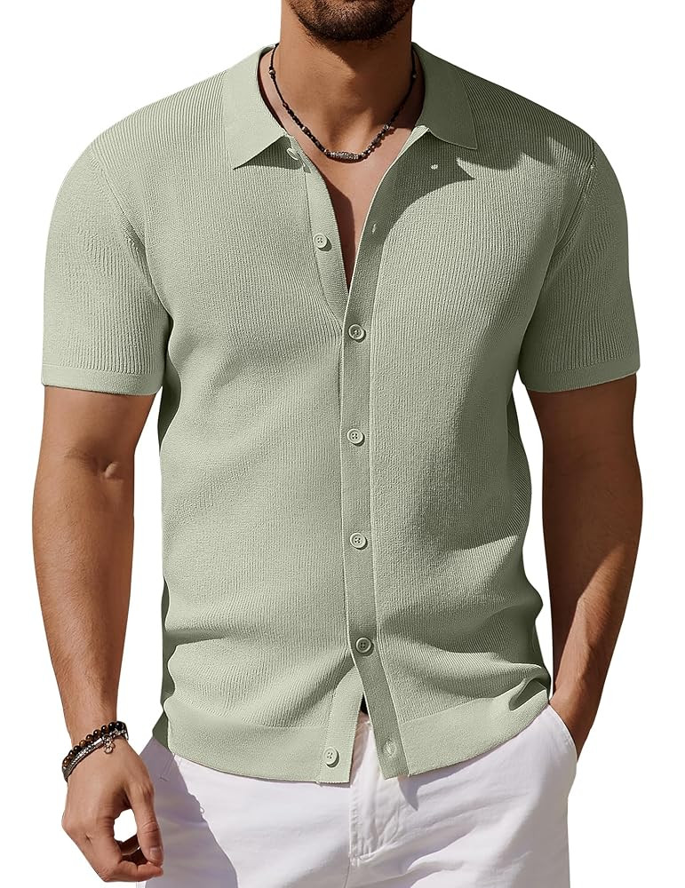 COOFANDY Men's Vintage Knit Shirt Short Sleeve Button Down Polo Shirts for Summer Casual & Vacati... | Amazon (US)