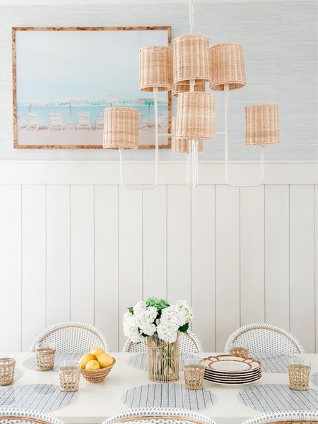 Dining room, Beachouse, Beachouse, dining room, Serena and Lily, society, social, frame, bridge, peel and stick wallpaper, rattan, shade, chandelier, with rattan shades, rattan, wicker, bamboo plates, melamine plates, kid friendly, family friendly design, dining room, dining spaces

#LTKhome