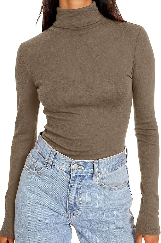 Trendy Queen Women's Turtleneck Long Sleeve Shirts Fall Fashion Basic Thermal Underwear Tops Wint... | Amazon (US)