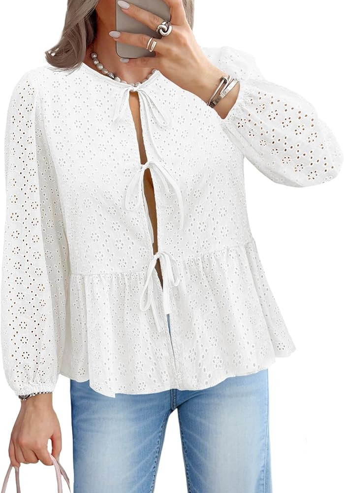 Tankaneo Womens Tie Front Tops Babydoll Puff Long Sleeve Lace Eyelet Peplum Blouses Cotton Shirts | Amazon (US)