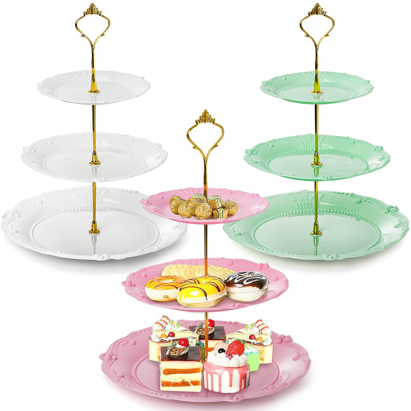 Fasmov Paquete de 3 soportes de plástico para cupcakes de 3 niveles, platos de postre para tarta... | Amazon (US)