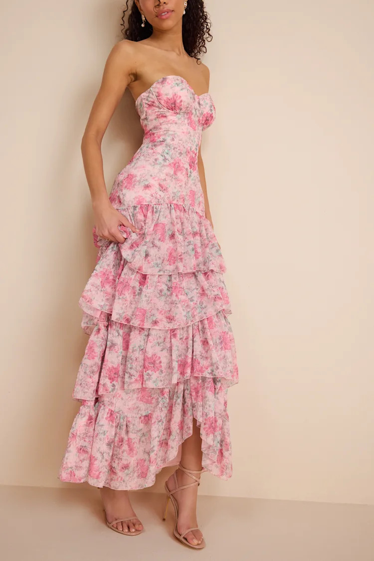 Dessie Light Pink Floral Tiered Maxi Dress | Lulus