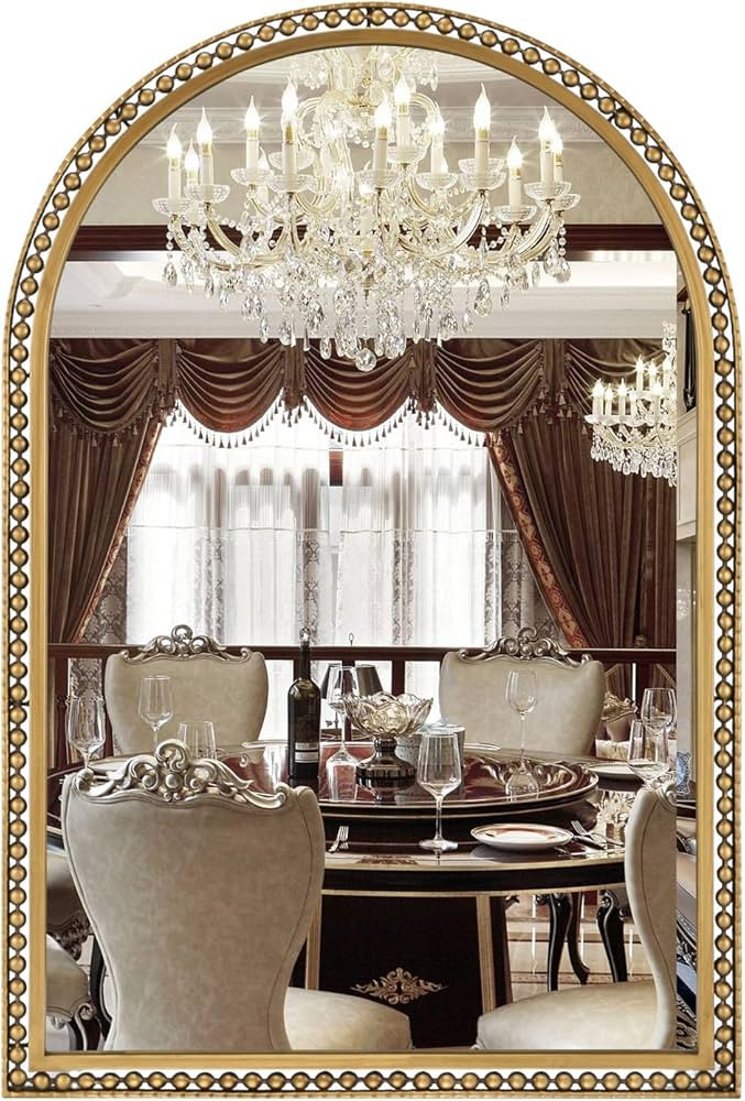 24" x 36" Arch Wall Mirror, Antique Gold Metal Beaded Frame Bathroom Mirror, Vintage Classic Dist... | Amazon (US)