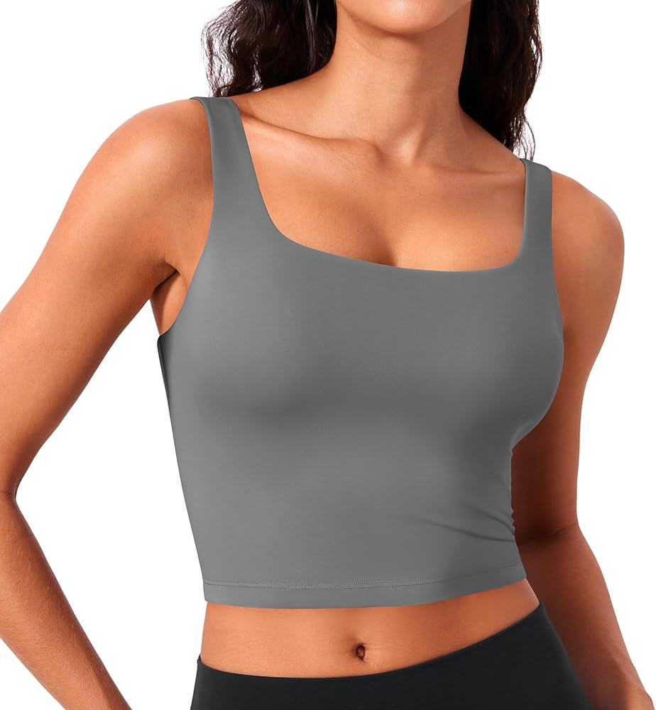 PINSPARK Sports Bra for Women Square Neck Longline Tank Top with Built in Bra | Amazon (US)