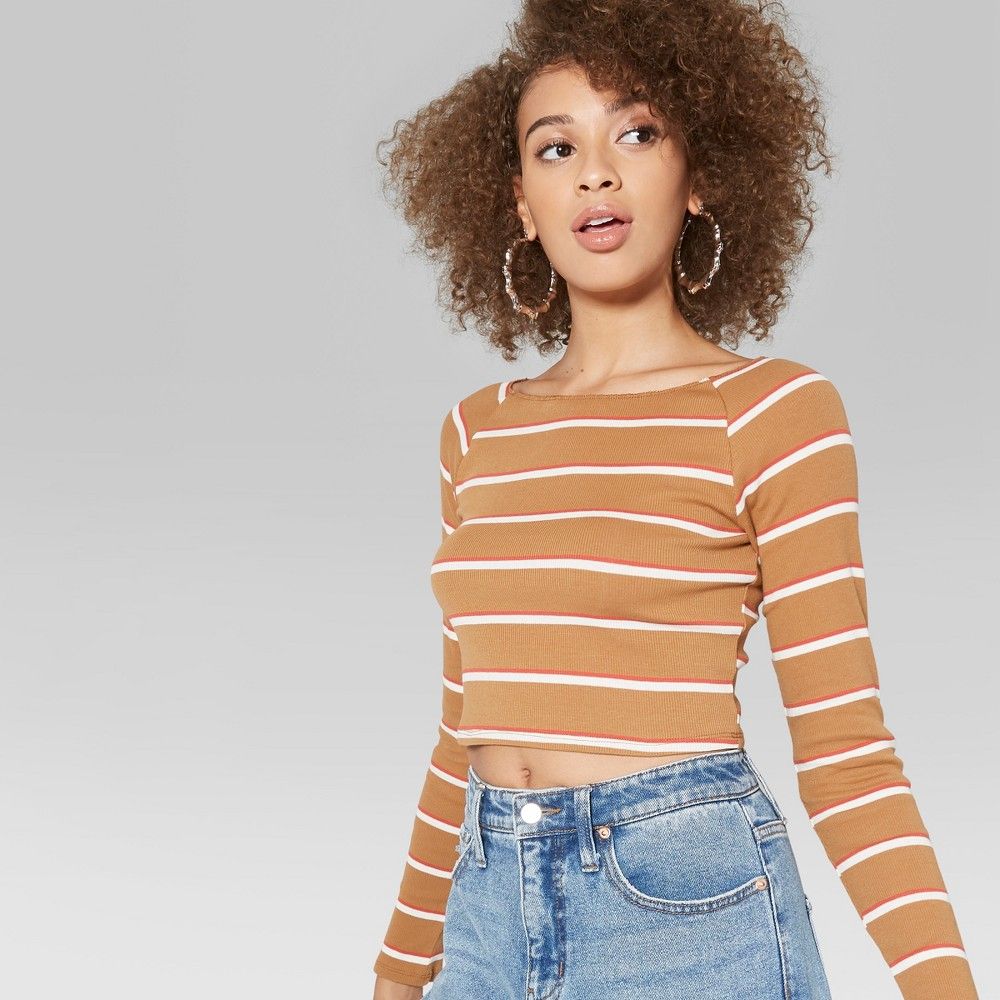 Women's Striped Long Sleeve Off the Shoulder T-Shirt - Wild Fable XL Rust, Red | Target
