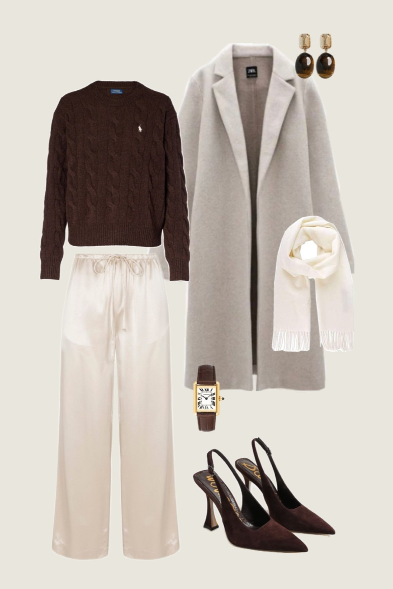 Neutral outfit, brown polo sweater, cream satin pants, suede heels, holiday party outfit idea, winter fashion 

#LTKSeasonal #LTKHoliday
