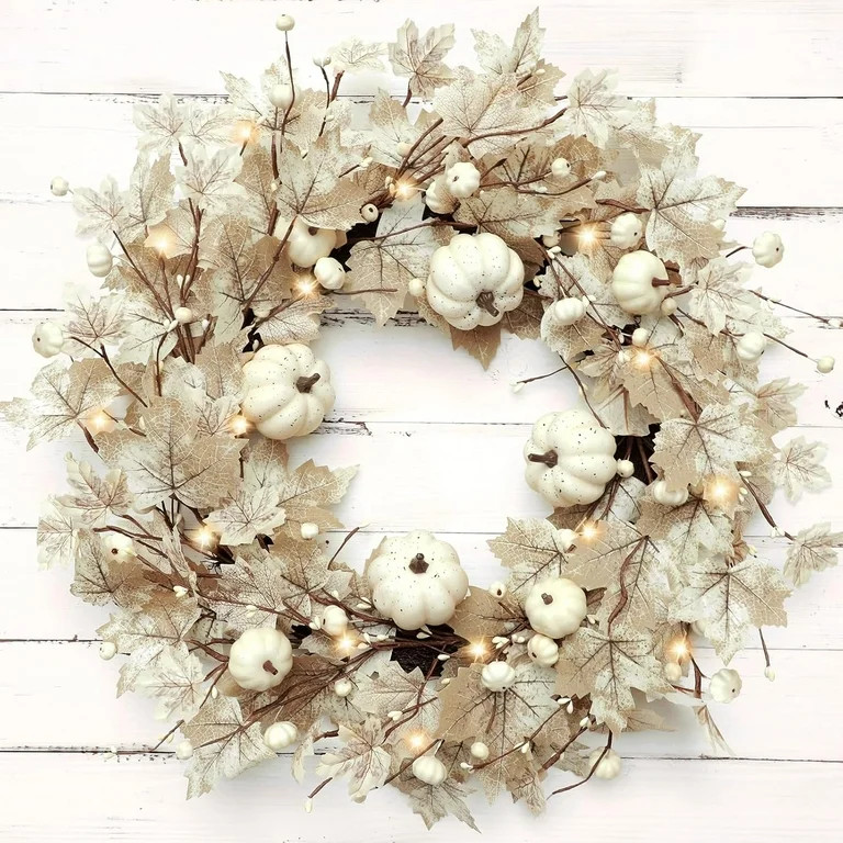 Timer 24-26" Fall Wreath for Front Door with Lights Collapsible White Maples Leaves Pumpkin Wreat... | Walmart (US)