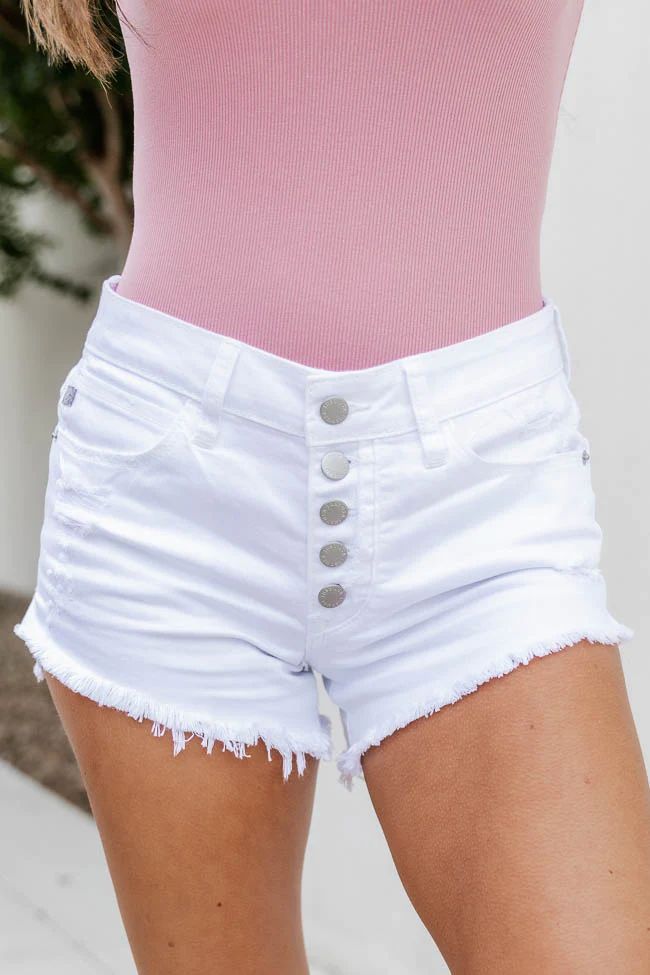 Days In The Sun White Button Fly Denim Shorts | Pink Lily
