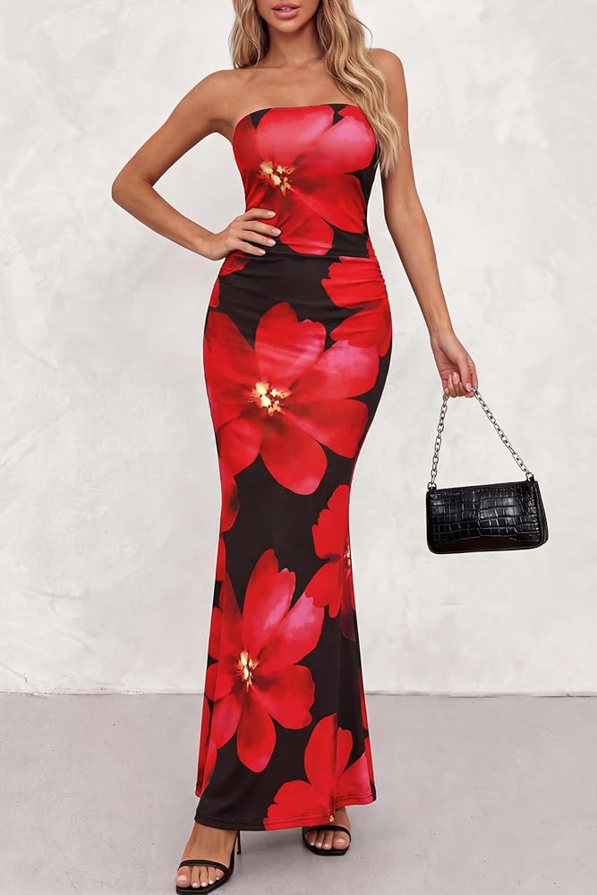 PRETTYGARDEN Womens Spring Dresses 2026 Sexy Strapless Tube Bodycon Mesh Ruched Floral Maxi Dress... | Amazon (US)