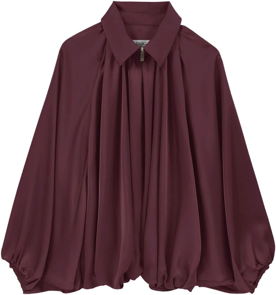 Womens Satin Puffed Bomber Jacket Oversized Batwing Sleeve Lapel Collar Pleated Zip Up Outerwear ... | Amazon (US)