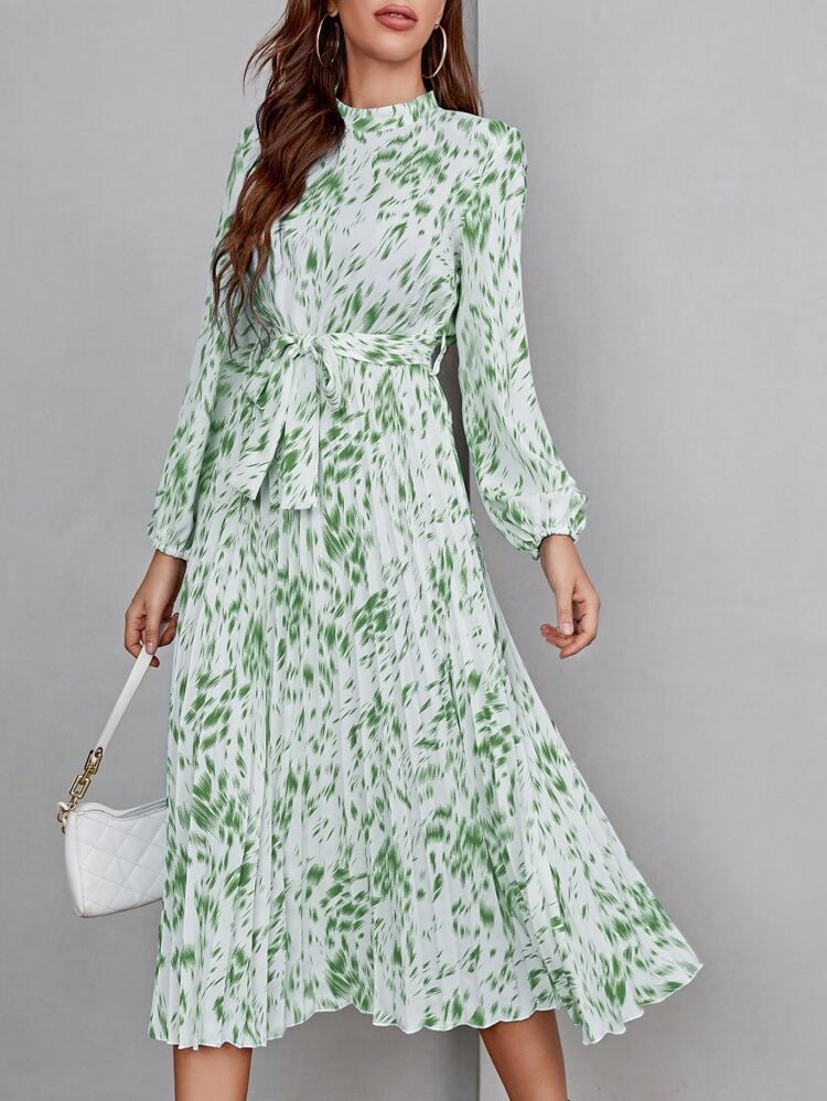 Allover Print Lantern Sleeve Belted Dress | SHEIN