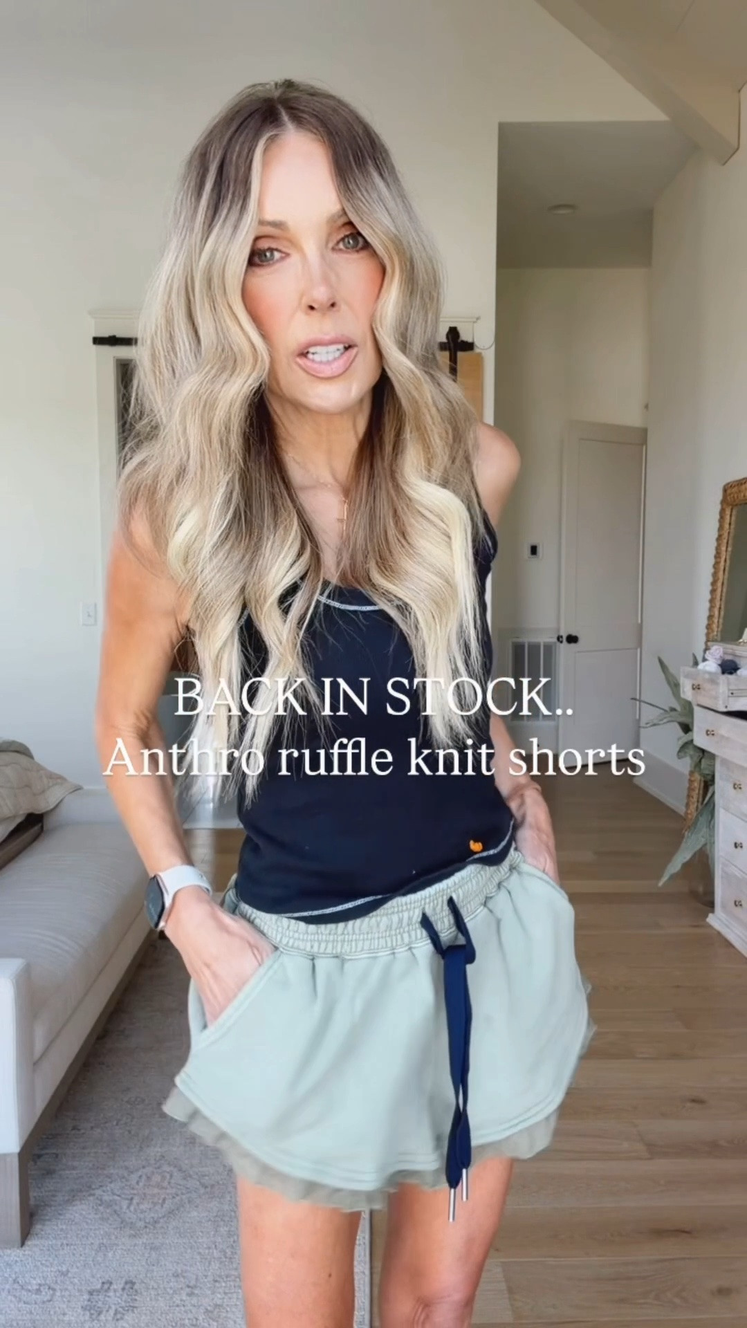 We sold them out before and now they're back... Anthro's ruffle knit shorts. I'm wearing a small but could have worn an XS.