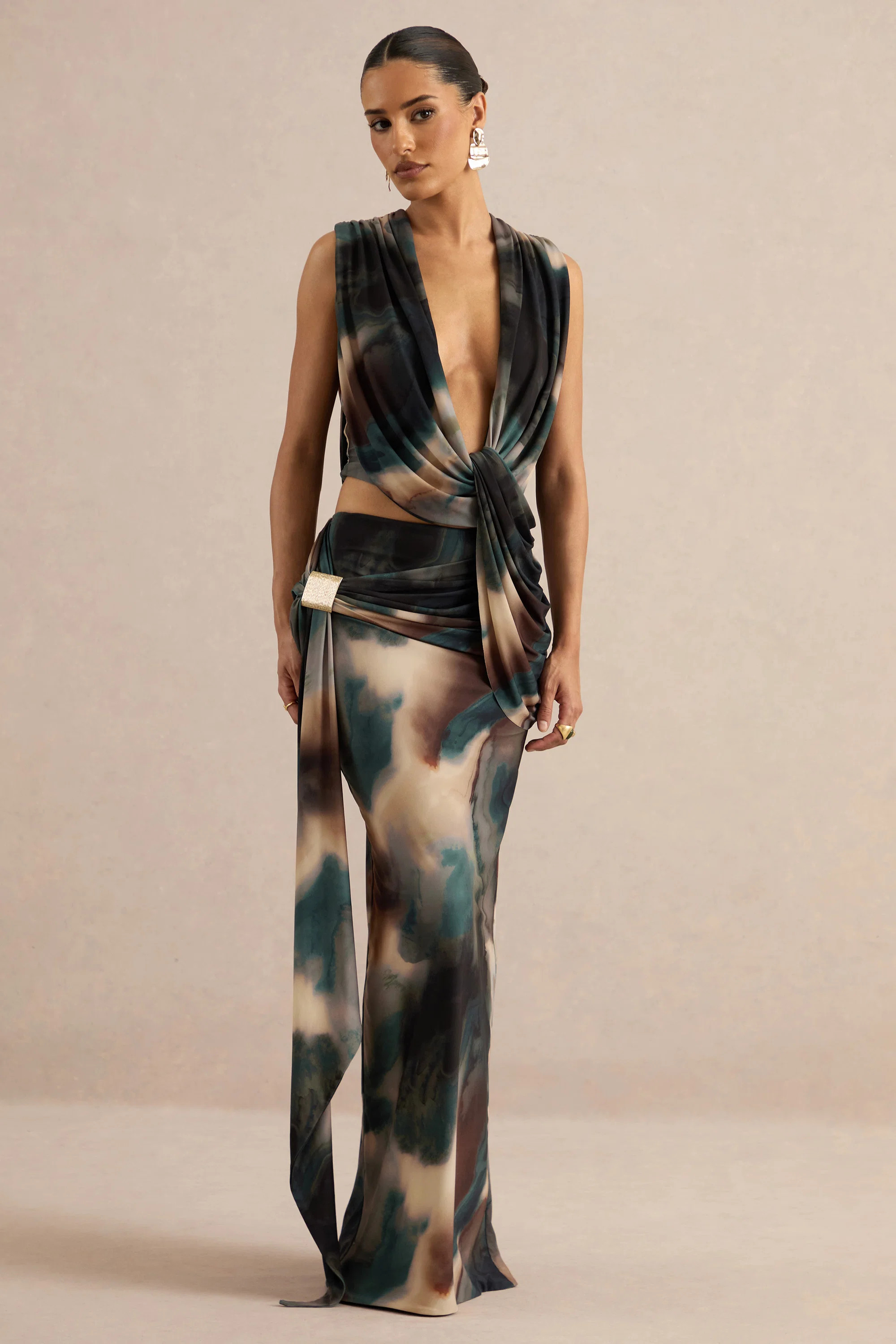 Lilias | Black And Blue Ombre Print Maxi Skirt With Draped Detailing | Club L London
