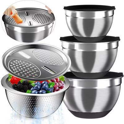 Itopfox Stainless Steel Mixing Bowls Set with Airtight Lids, Colander & Grater, Non-Slip Bottoms, Great for Mixing & Serving, Black | Target