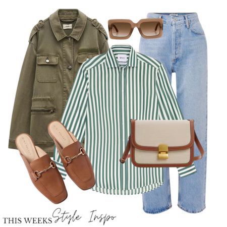 Spring outfit 💚

Green stripe shirt
Khaki jacket 
Tan loafers 
Slim cropped jeans 