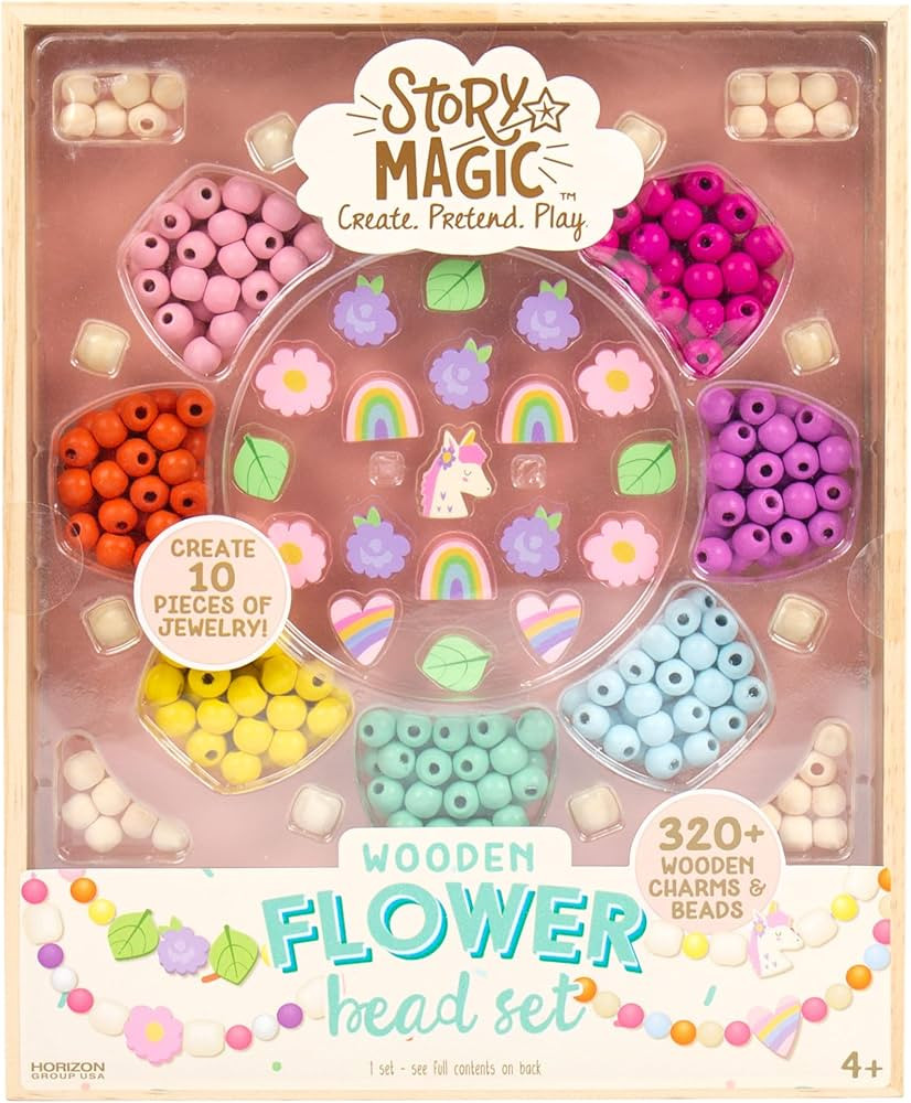 Story Magic Wooden Flower Bead Set, Over 300 Large Hole Wood Beads & Charms for Beading Bracelets... | Amazon (US)